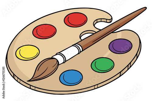  Photograph of a paint palette with a wooden handle brush resting on it, filled with various vibrant colors of paint, including red, yellow, green, blue, and purple. The paint is thick and textured,