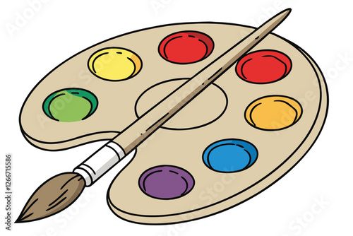  Photograph of a paint palette with a wooden handle brush resting on it, filled with various vibrant colors of paint, including red, yellow, green, blue, and purple. The paint is thick and textured,