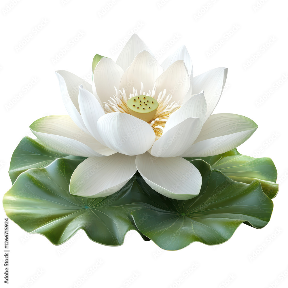 Isolated Serene White Water Lily Blossom with Green Lily Pad