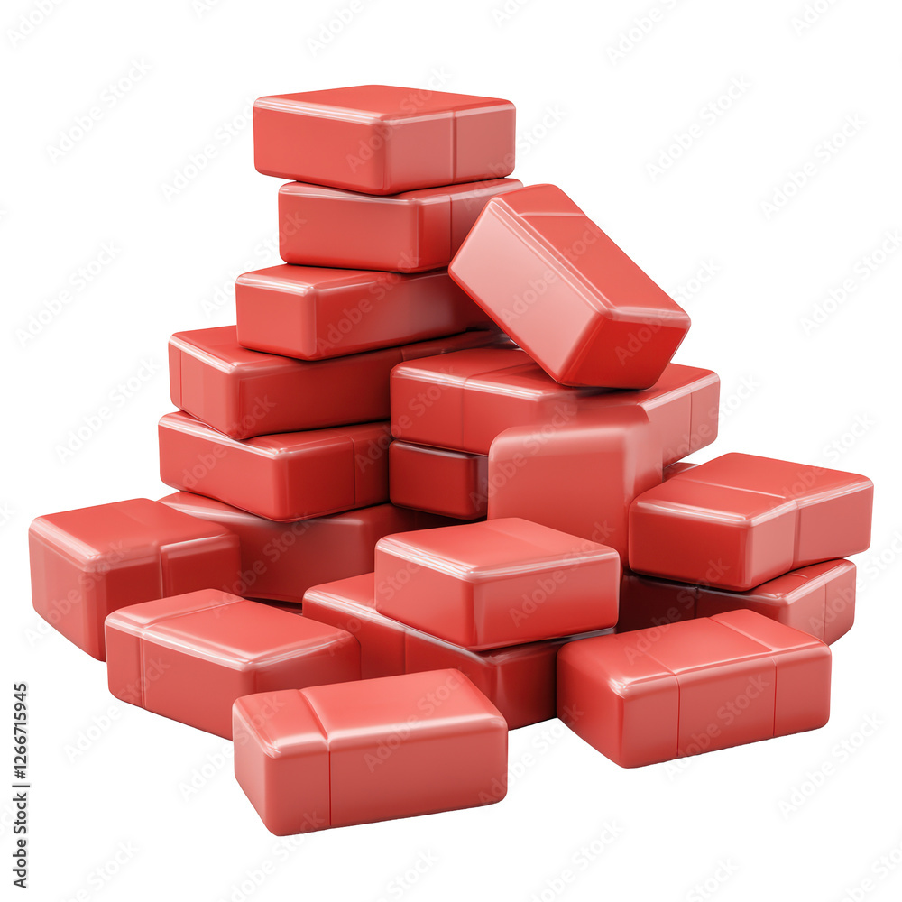 Isolated Pile of Red Toy Bricks Stacked in Disarray