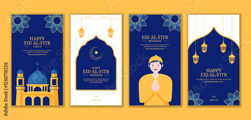 Happy Eid Celebration Social Media Stories with Islamic Festive Elements in Flat Style
