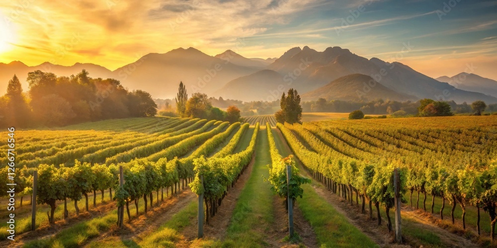 custom made wallpaper toronto digitalSerene Vineyard Rows at Golden Hour, Basking in the Warmth of a Sunset Over Majestic Mountains