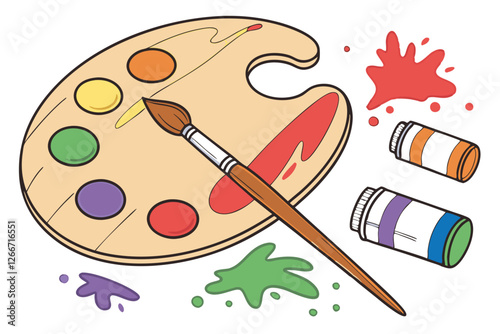 49 Vibrant artist's palette, colorful oil paints, wooden paintbrush, artistic creativity, rainbow hues, messy paint splatters, oval wooden palette, painterly texture, artistic tools, studio art suppli