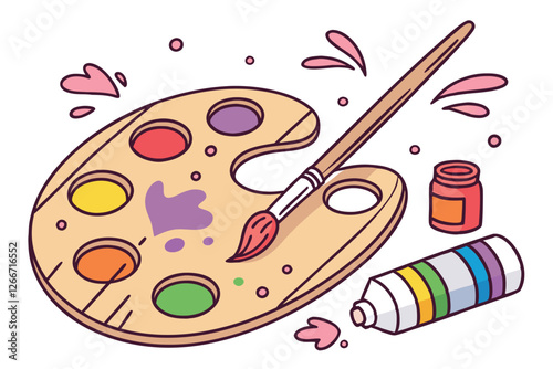 49 Vibrant artist's palette, colorful oil paints, wooden paintbrush, artistic creativity, rainbow hues, messy paint splatters, oval wooden palette, painterly texture, artistic tools, studio art suppli