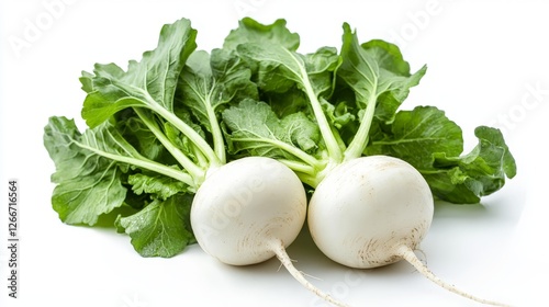 white turnips with green leaves isolated on a white background
