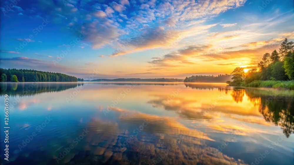 Fototapeta premium Panoramic view of a serene lake at sunrise, horizon, lake, horizon, lake, outdoor, natural beauty, calm, peaceful