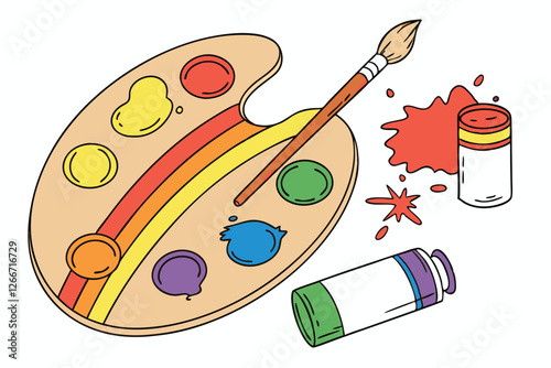49 Vibrant artist's palette, colorful oil paints, wooden paintbrush, artistic creativity, rainbow hues, messy paint splatters, oval wooden palette, painterly texture, artistic tools, studio art suppli