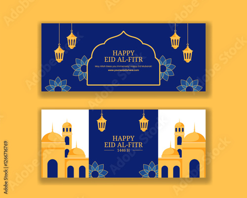 Islamic Festival Eid Al-Fitr Horizontal Banner Design with Decorative Elements