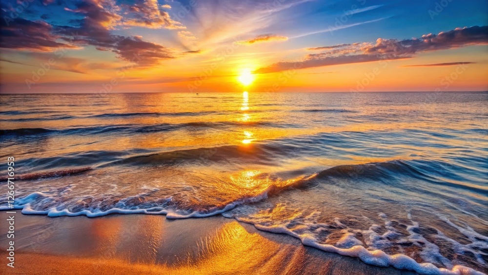 Fototapeta premium Golden Hour Serenity Ocean Waves Gently Kissing the Sandy Shore at Sunset
