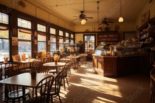 Cozy caf? interior in daytime. Autumn colors outside windows. Available seating