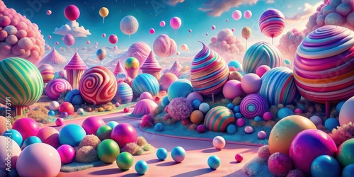 Vibrant candy land scene with large pink and blue spheres, a surreal landscape of sweet treats and colorful orbs, in a whimsical world of wonder and magic, sugar, whimsy