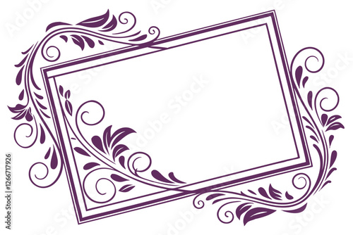  A square, ornate frame with a deep purple color. The frame is decorated with intricate, swirling patterns and floral designs on the corners. The frame is empty, with a plain white background. The s