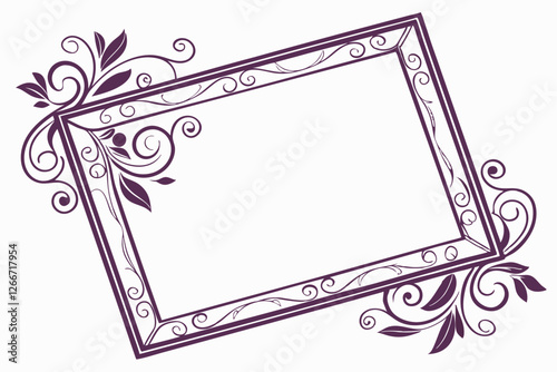  A square, ornate frame with a deep purple color. The frame is decorated with intricate, swirling patterns and floral designs on the corners. The frame is empty, with a plain white background. The s