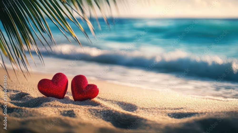 Romantic Beach Scene with Heart-Shaped Decorations Romantic Beach Scene with Heart-Shaped Decorations