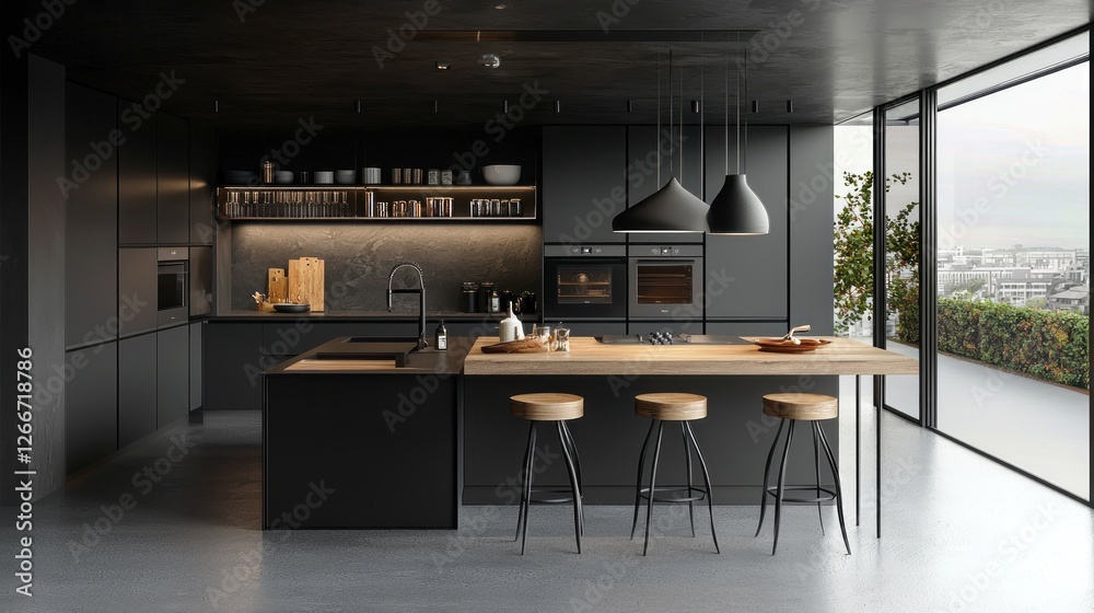 Fototapeta premium Modern Dark Kitchen with City View