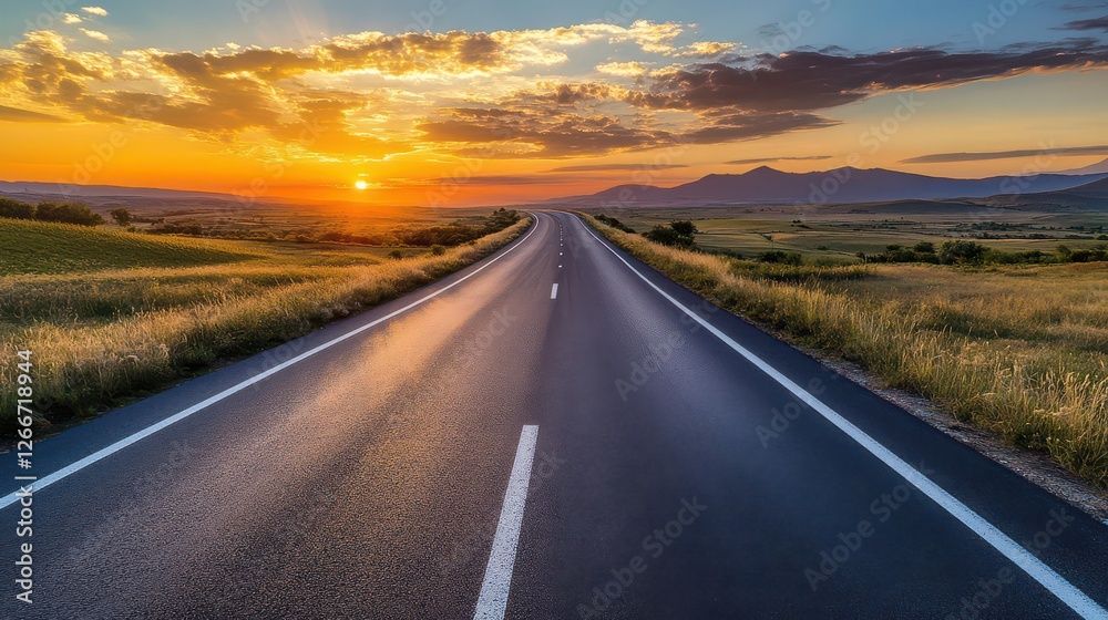 Serene Sunset Over Open Road in Natural Landscape Serene Sunset Over Open Road in Natural Landscape