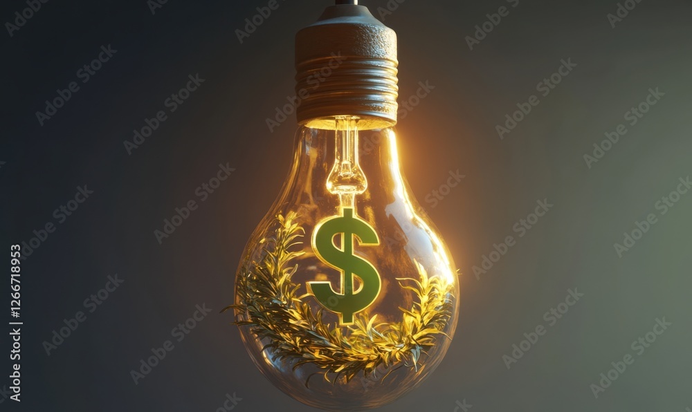 A glowing light bulb with a dollar sign and greenery inside, symbolizing eco-friendly finance A glowing light bulb with a dollar sign and greenery inside, symbolizing eco-friendly finance