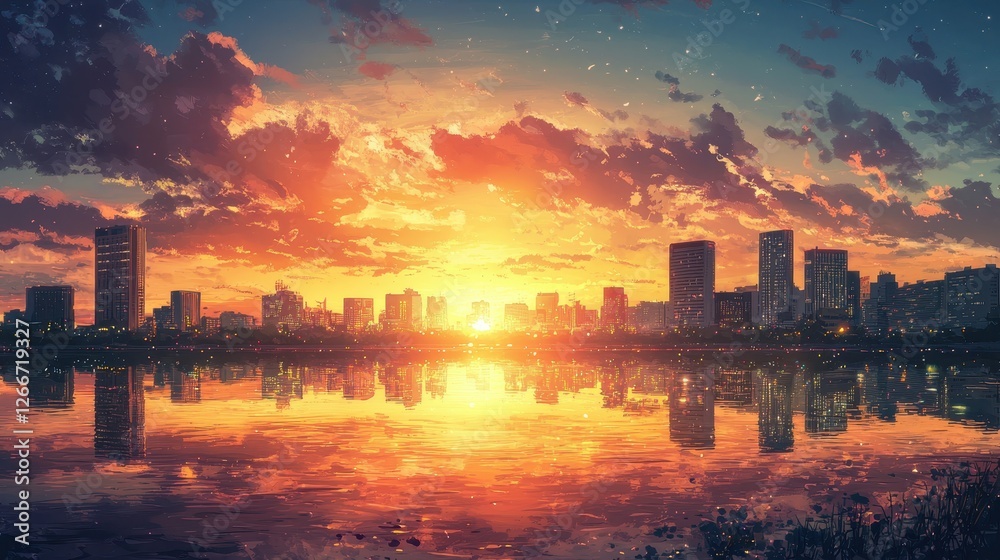 Fototapeta premium Sunset over Urban Waterfront