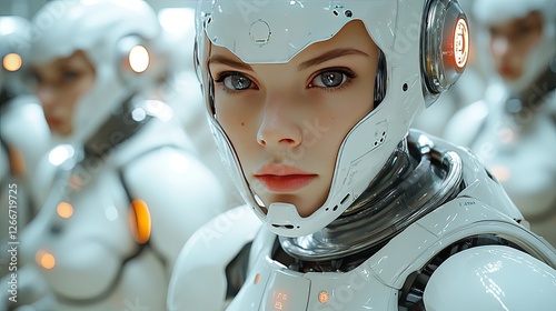A futuristic, humanoid robot with glowing blue eyes and a sleek,