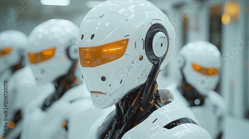 A futuristic, humanoid robot with glowing blue eyes and a sleek,