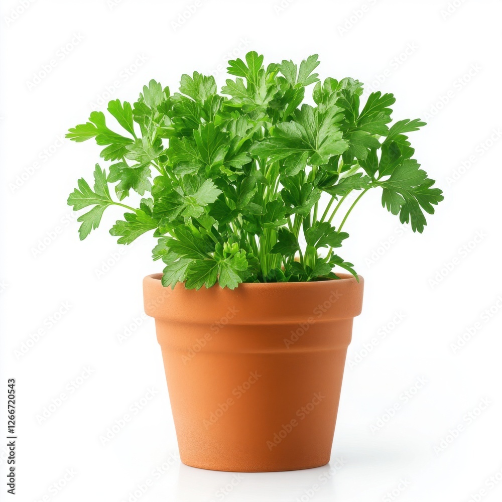 Lush parsley in a terracotta pot, perfectly isolated on a white backdrop, crisp edges and detailed leaf texture, full side profile, clean and realistic studio lighting, no shadows Lush parsley in a terracotta pot, perfectly isolated on a white backdrop, crisp edges and detailed leaf texture, full side profile, clean and realistic studio lighting, no shadows