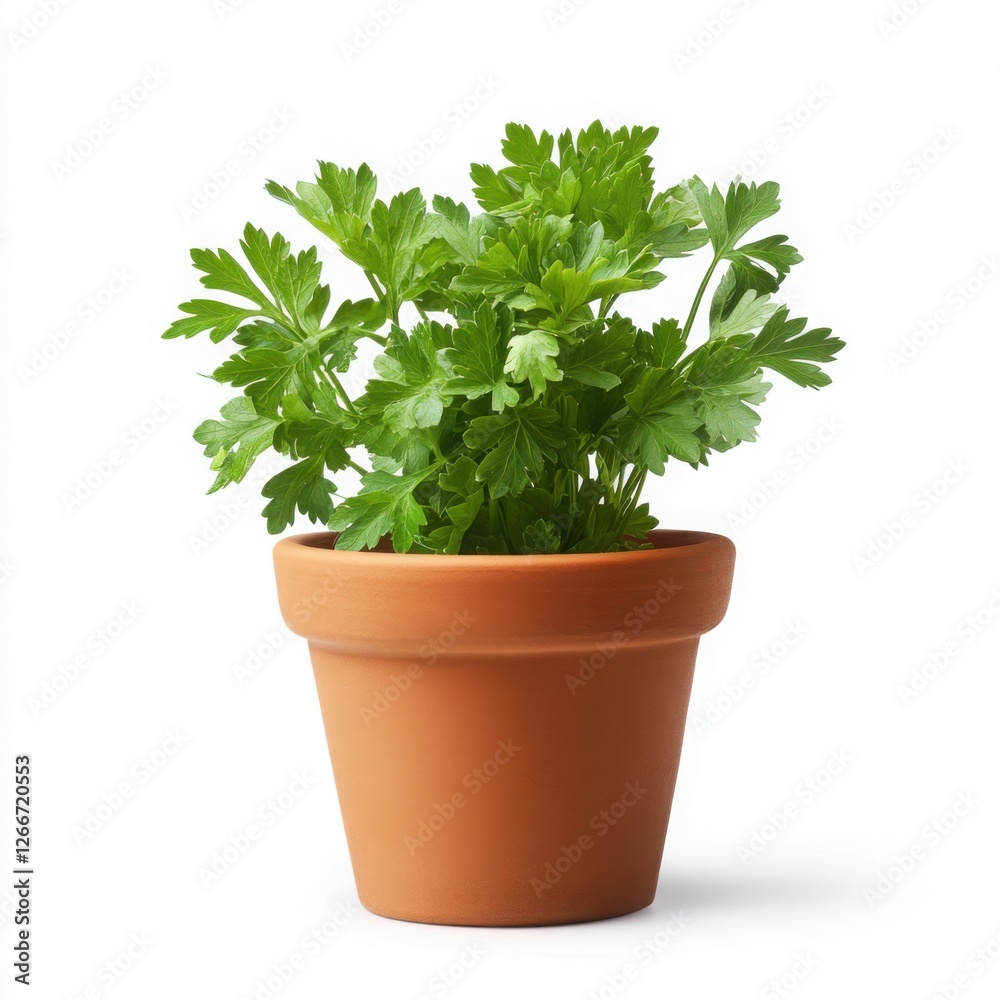 Lush parsley in a terracotta pot, perfectly isolated on a white backdrop, crisp edges and detailed leaf texture, full side profile, clean and realistic studio lighting, no shadows Lush parsley in a terracotta pot, perfectly isolated on a white backdrop, crisp edges and detailed leaf texture, full side profile, clean and realistic studio lighting, no shadows