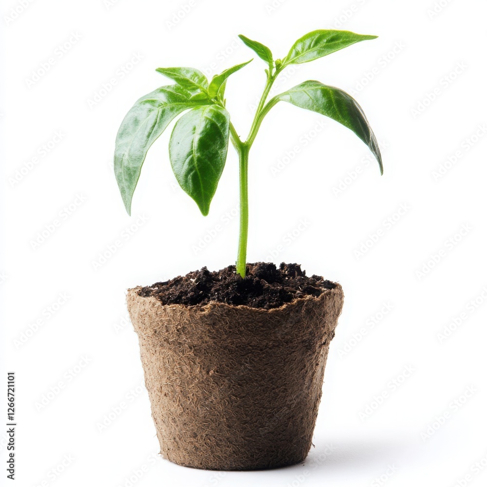 Pepper seedling in a biodegradable peat pot, fully isolated on a white background, crisp edges and natural color accuracy, professional product photography with a clean and modern look, no shadows Pepper seedling in a biodegradable peat pot, fully isolated on a white background, crisp edges and natural color accuracy, professional product photography with a clean and modern look, no shadows