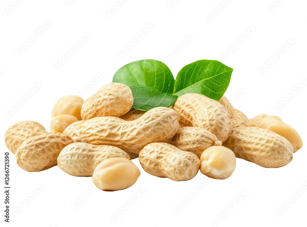 Isolated Pile of Shelled Peanuts with Green Leaves Isolated Pile of Shelled Peanuts with Green Leaves