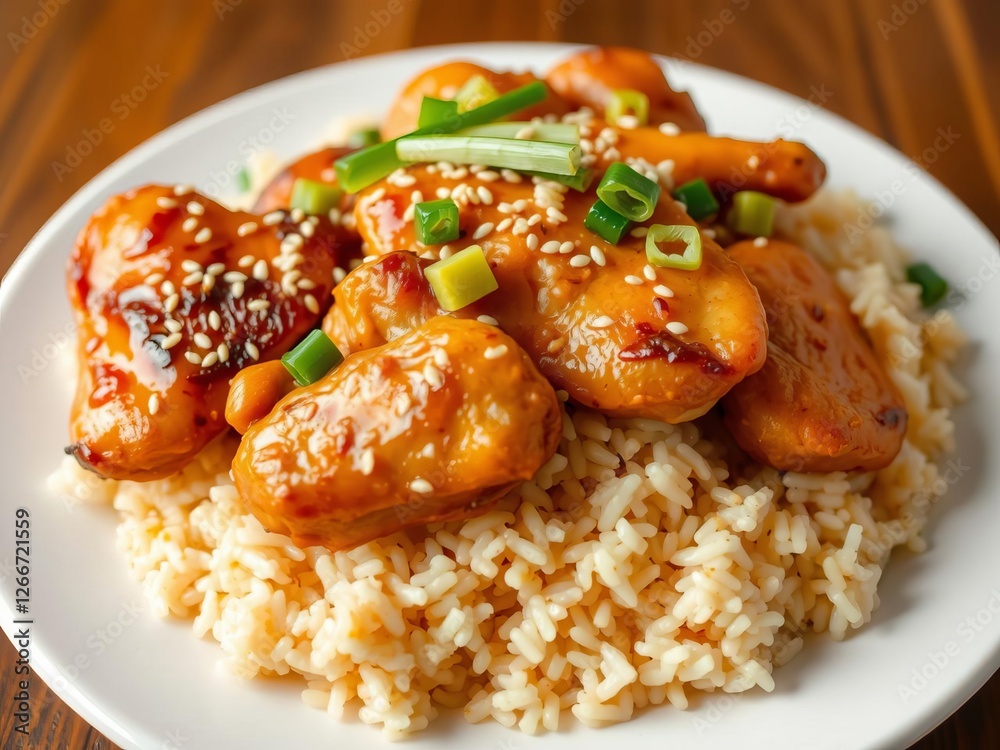Asian crispy sweet sesame chicken served with basmati wild rice and garnished with spring onions on a white plate, sesame, crispy, basmati Asian crispy sweet sesame chicken served with basmati wild rice and garnished with spring onions on a white plate, sesame, crispy, basmati