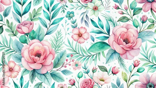 A Delicate Watercolor Floral Design Featuring Pastel Pink Roses and Lush Teal Greenery, Ideal for Textile Prints and Decorative Purposes