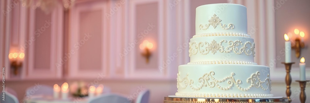 Beautiful three tier wedding cake with pastel colors, pearl designs, candles at elegant indoor celebration, soft colors, three tier, event Beautiful three tier wedding cake with pastel colors, pearl designs, candles at elegant indoor celebration, soft colors, three tier, event