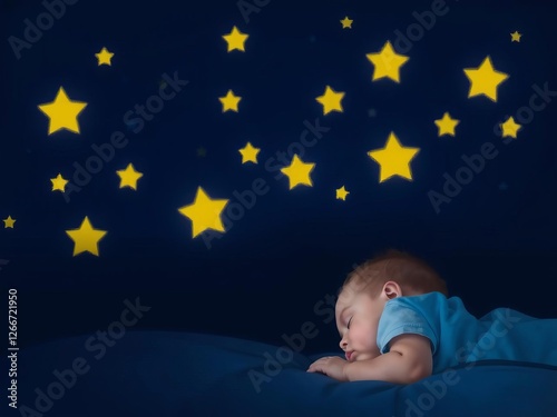 Beautiful sleeping toddler in dark room with glowing stars on walls, sweet dreams, resting, infant, cute, newborn, side view, blue and yellow stars, bedroom, night, resting, kid