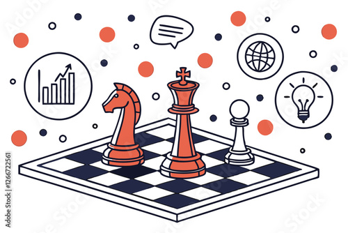  Digital illustration of a chessboard with a red and black king, queen, and rook, surrounded by various icons representing technology, data, and business. The background is white with a scattered pa