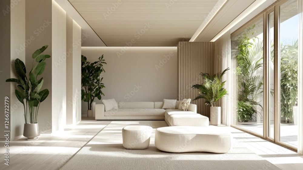 Fototapeta premium Serene Minimalist Living Room Design: Modern Beige Interior with Lush Greenery