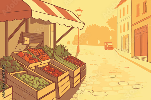  Photo of a vibrant outdoor market stall with a cobblestone path, warm, golden sunlight, and a shallow depth of field. The stall is filled with an abundance of fresh produce, including tomatoes, pep