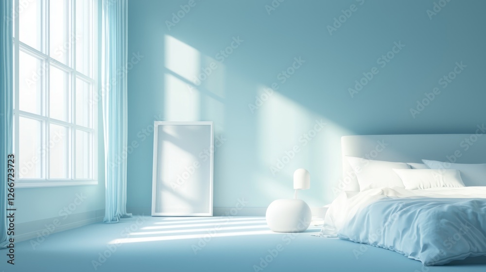 Fototapeta premium Serene Blue Bedroom: Minimalist Interior Design
