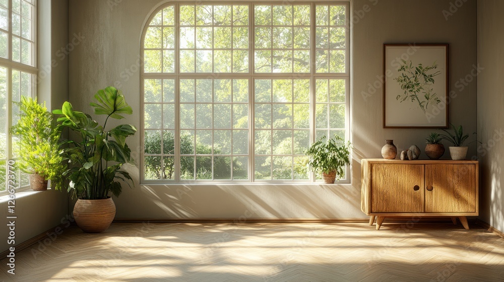 Fototapeta premium Minimalist Scandinavian Living Room Interior Design with Light Wood Floor and Large Windows