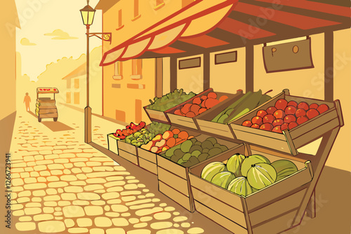  Photo of a vibrant outdoor market stall with a cobblestone path, warm, golden sunlight, and a shallow depth of field. The stall is filled with an abundance of fresh produce, including tomatoes, pep