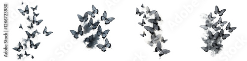 Dramatic monochrome swarm of fluttering butterflies forming an intricate abstract pattern against a dark background  The flock of delicate winged creatures creates a visually captivating photo