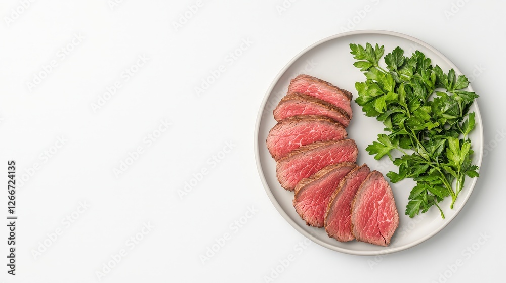Freshly Sliced Lean Beef with Garnish of Fresh Parsley on Plate Freshly Sliced Lean Beef with Garnish of Fresh Parsley on Plate