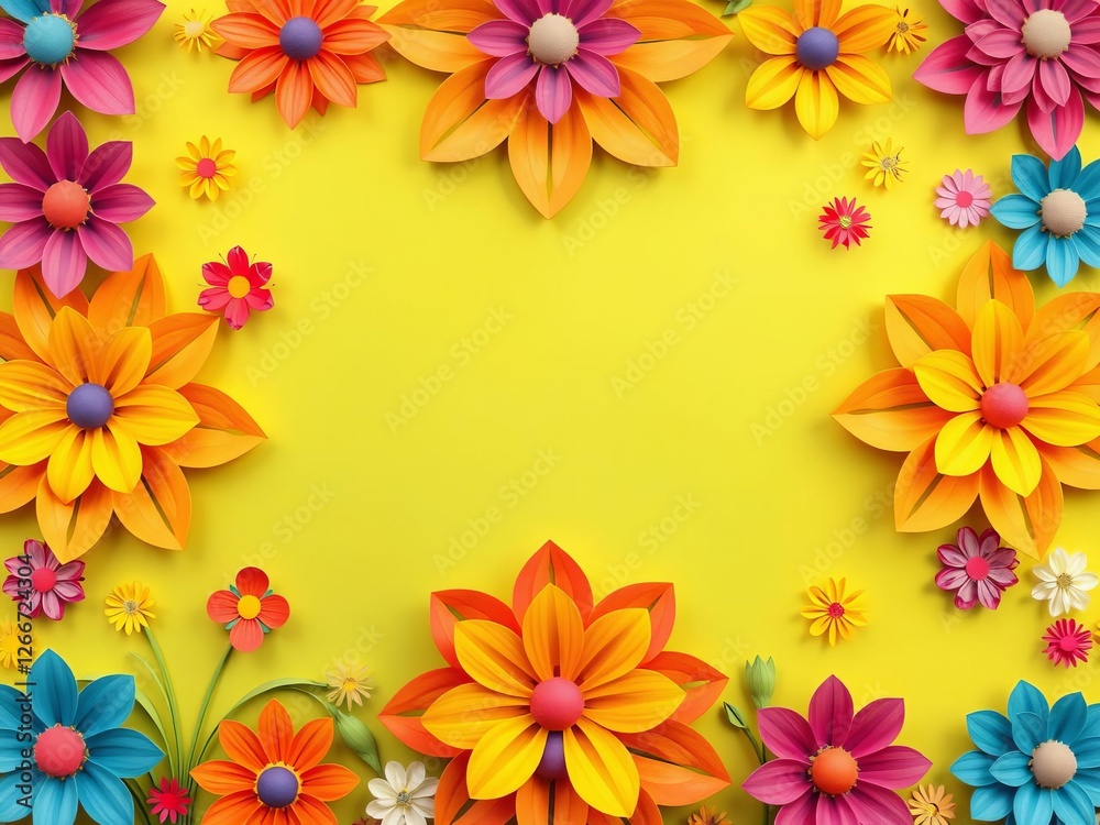 Fototapeta premium Colorful paper cut flowers arranged on a smooth gradient background, pattern, craft, colorful