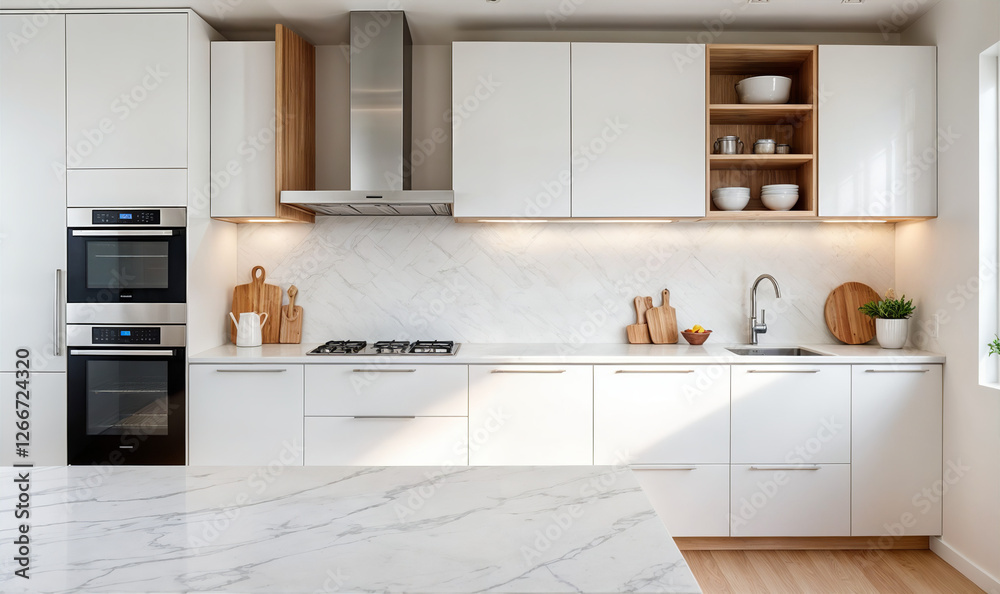 This image shows a modern kitchen with white cabinets, a white counter, and a stainless steel backsplash.	
