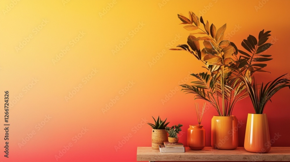 Obraz premium Warm-toned Home Decor with Plants in Orange Pots against Gradient Wall
