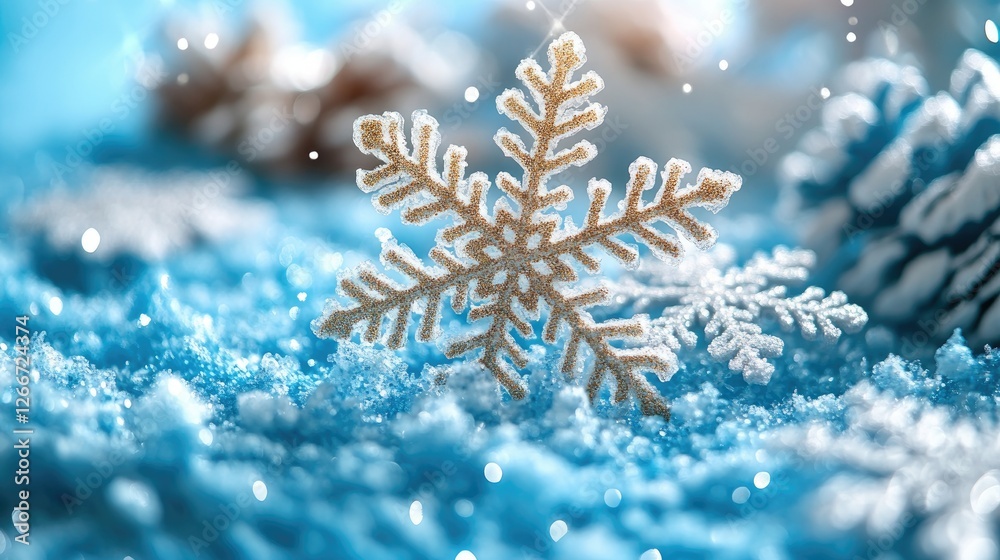 A soft blue background adorned with various snowflakes in white and metallic gold. A soft blue background adorned with various snowflakes in white and metallic gold.