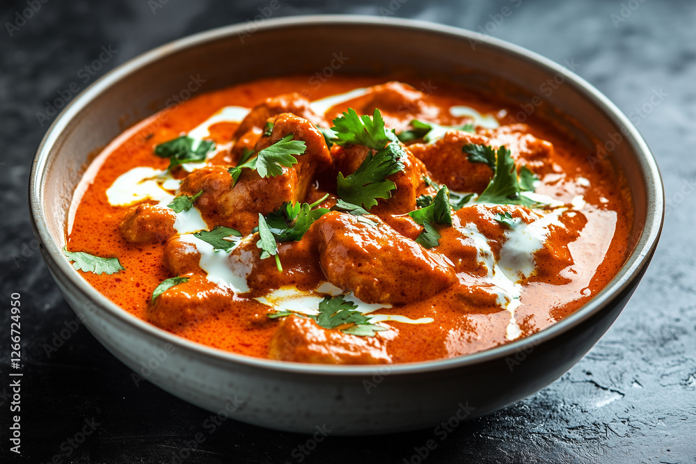 A bowl of rich, creamy butter chicken with a velvety tomato-based sauce, garnished with fresh cilantro and a drizzle of cream Indian food. A bowl of rich, creamy butter chicken with a velvety tomato-based sauce, garnished with fresh cilantro and a drizzle of cream Indian food.