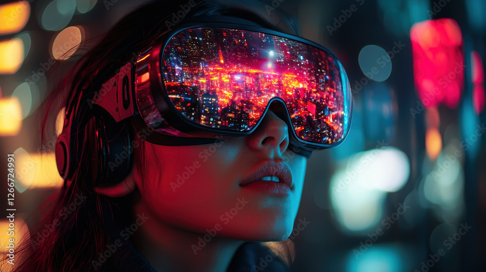 Person immersed in a digital workspace wearing AR glasses in a hyper-realistic virtual city at night in vibrant sci-fi lighting Person immersed in a digital workspace wearing AR glasses in a hyper-realistic virtual city at night in vibrant sci-fi lighting