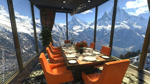Alpine mountaintop dining room with panoramic views