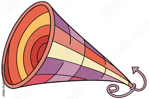   A digital illustration of a colorful, rainbow-colored spiral, resembling a conical paper spiral, with each segment of the spiral colored in a different color of the rainbow, from red at the top to 