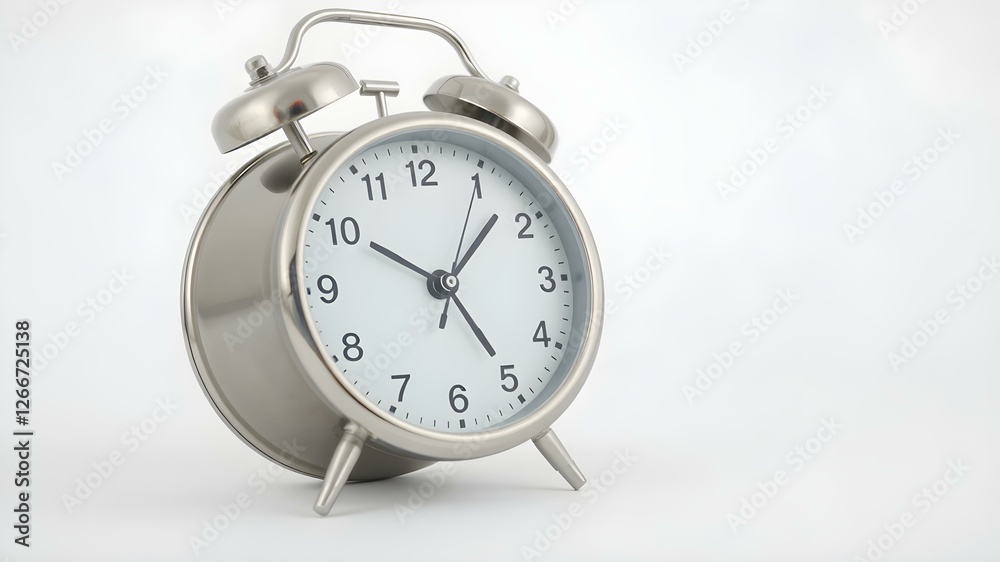Classic Alarm Clock: A timeless silver alarm clock with a simple white face, showcasing classic design and functionality. The clock's hands point to a specific time. Classic Alarm Clock: A timeless silver alarm clock with a simple white face, showcasing classic design and functionality. The clock's hands point to a specific time.
