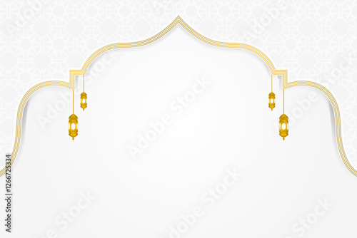 Islamic background with gold arch ornaments and hanging lamps. Elegant design with golden white nuances, suitable for Ramadan and Eid al-Fitr.